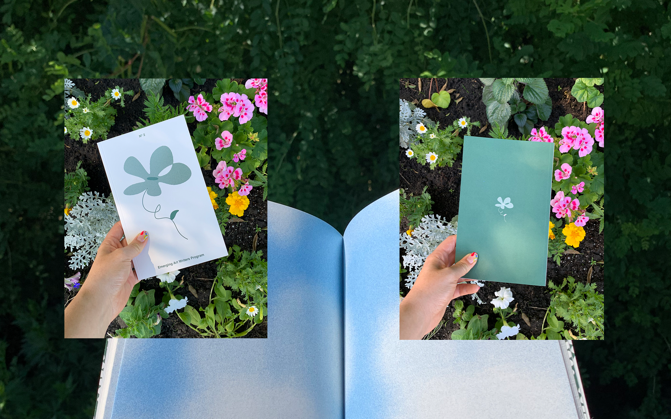 Photo collage of publication in a flower garden.